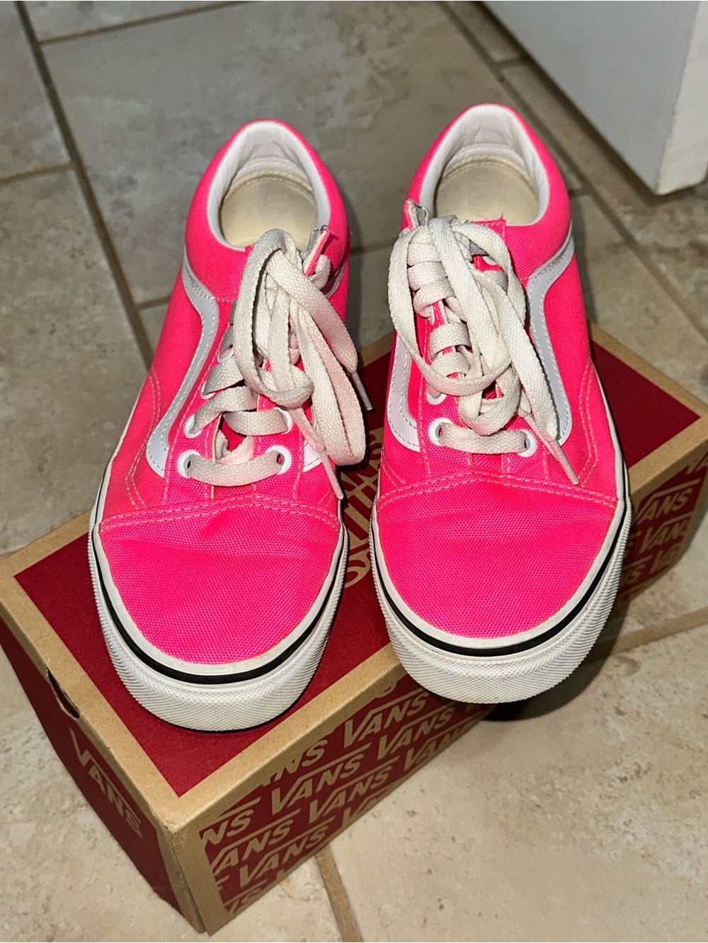 Vans Women's Old Skool Sneakers - Neon Pink with White Trim